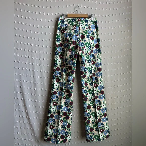 Smythe Floral Jacquard Straight‎ Leg Trousers Sz 2/26 Cotton Blend - Picture 2 of 5